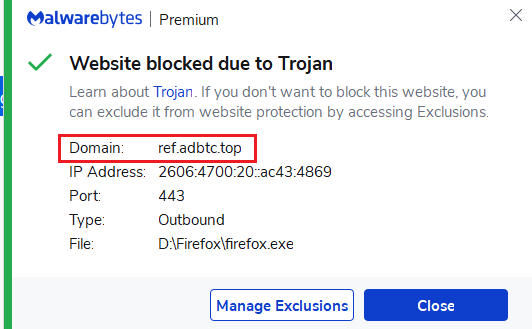 adBTC Top contains a Trojan - Malwarebytes blocks the site