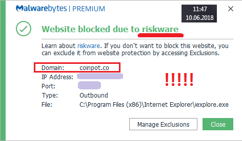 CoinPot.co blocked by Malwarebytes - riskwear site