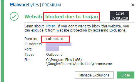 CoinPot.co blocked by Malwarebytes - contains a Trojan!
