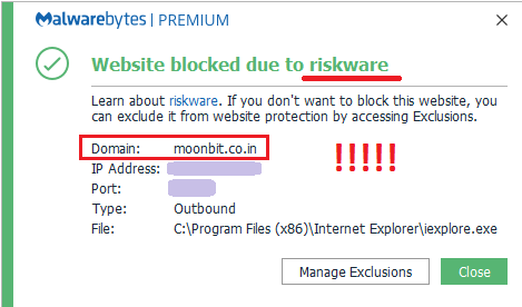 Moon Bitcoin blocked by Malwarebytes - riskwear site