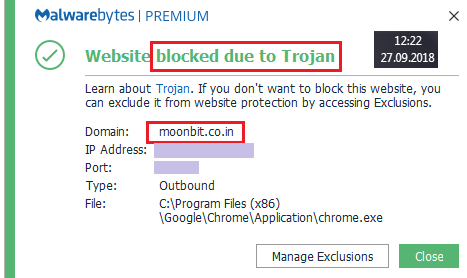 Moon Bitcoin blocked by Malwarebytes - contains Trojan