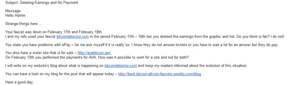 Ticket Sent to Bitcoin Detector Faucet